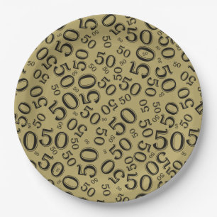 50th Black/Gold Random Number Pattern Paper Plates