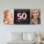 50th Black Pink Happy Birthday Photo Banner<br><div class="desc">Milestone girly fiftieth birthday party banner featuring a trendy black background,  2 large photos,  pink sparkle glitter,  50 pink hellium balloons,  and a custom celebration template that is easy to personalize.</div>