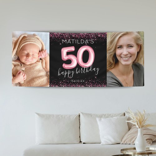 50th Black Pink Happy Birthday Photo Banner