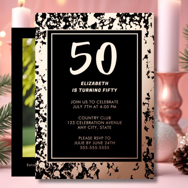 50th Black Rose Gold Photo on Back Custom Birthday Foil Invitation (Creator Uploaded)
