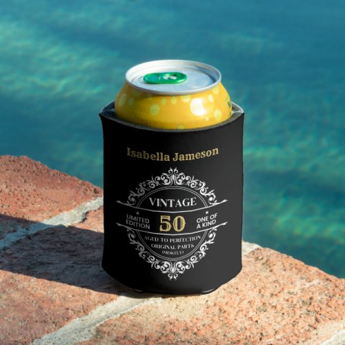 50th Black White and Gold Funny Vintage Birthday   Can Cooler