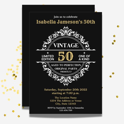 50th Black White and Gold Vintage Birthday  Invitation
