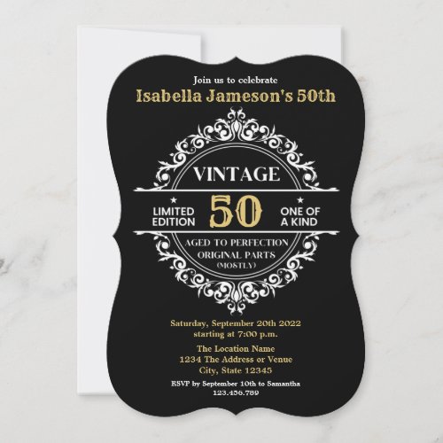 50th Black White and Gold Vintage Birthday Invitation