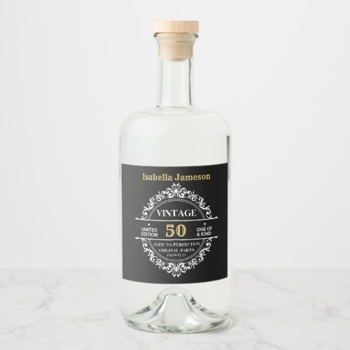 50th Black White and Gold Vintage Birthday  Liquor Bottle Label