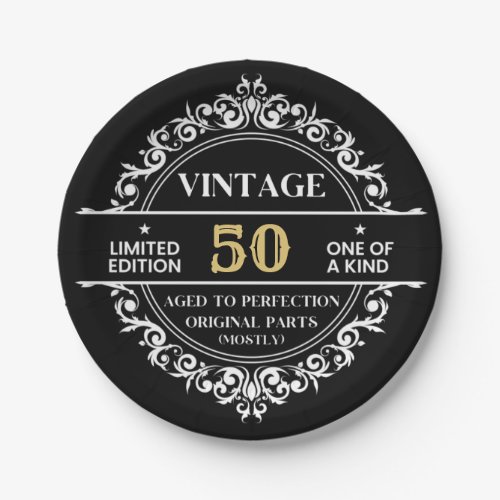 50th Black White and Gold Vintage Birthday Party Paper Plates