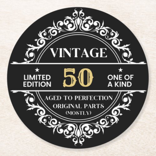 50th Black White and Gold Vintage Birthday Party  Round Paper Coaster