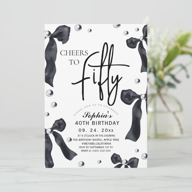 50th Black White Bow Birthday Party Invitation (Standing Front)