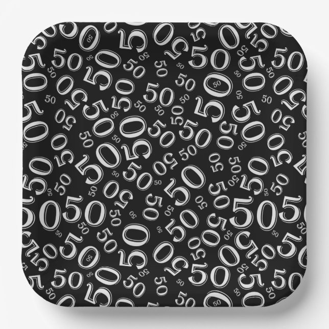 50th Black/White  Random Number Pattern Paper Plates (Front)