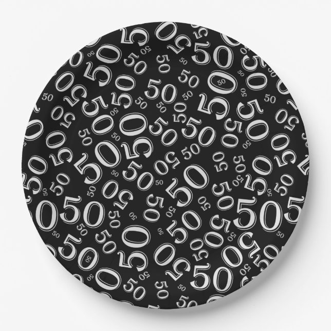 50th Black/White  Random Number Pattern Paper Plates (Front)