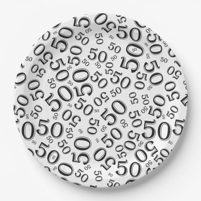  50th Black/White  Random Number Pattern  Paper Plates (Front)