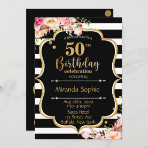 50th Black White Stripe Pink Floral Birthday Party Invitation