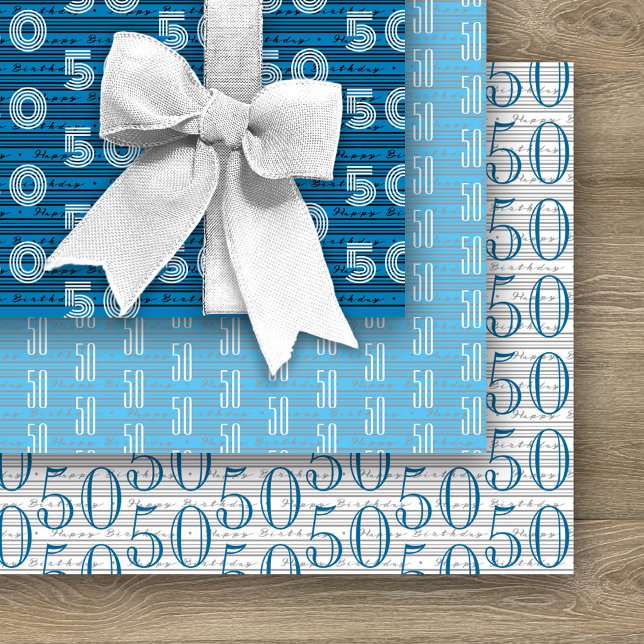 50th Blue Black White Typography Numbers Wrapping Paper Sheets (Creator Uploaded)