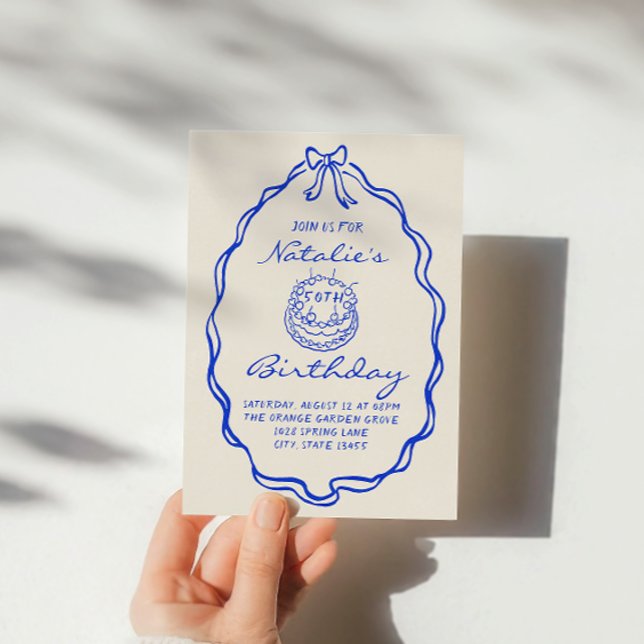 50th Blue Bow Hand Drawn Coquette Birthday Party Invitation (Creator Uploaded)
