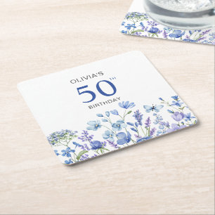 50th Blue Floral Birthday  Square Paper Coaster