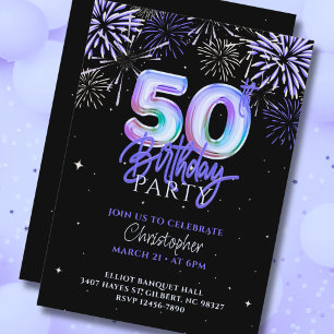 50th Blue Purple Fireworks Foil Balloon Birthday Invitation