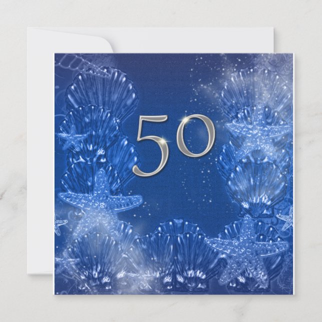 50th blue silver birthday tropical invitation (Front)