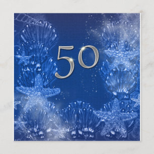 50th blue silver birthday tropical invitation