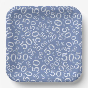 50th Blue/White  Random Number Pattern Paper Plate