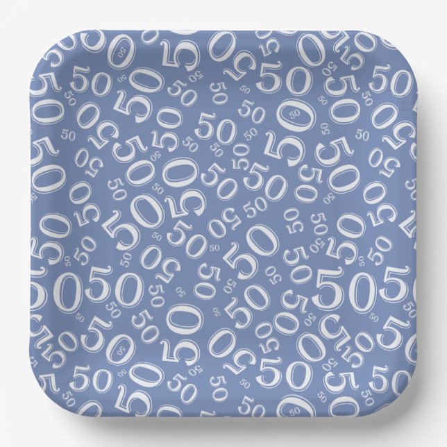 50th Blue/White  Random Number Pattern Paper Plate (Front)