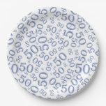 50th Blue/White  Random Number Pattern Paper Plates