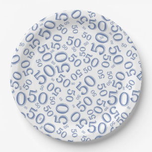 50th Blue/White Random Number Pattern Paper Plates