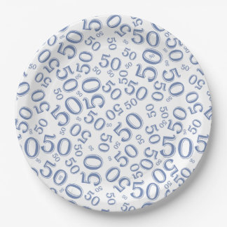 50th Blue/White  Random Number Pattern Paper Plates