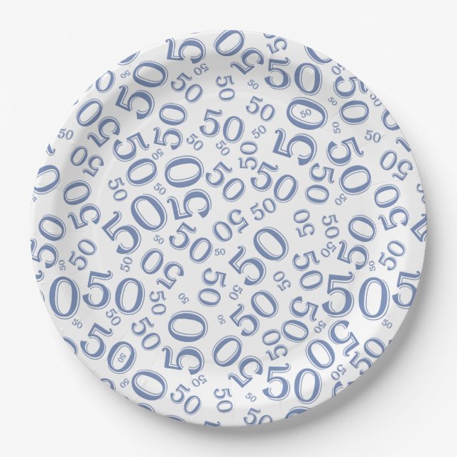 50th Blue/White  Random Number Pattern Paper Plates (Front)