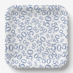 50th Blue/White  Random Number Pattern Paper Plates