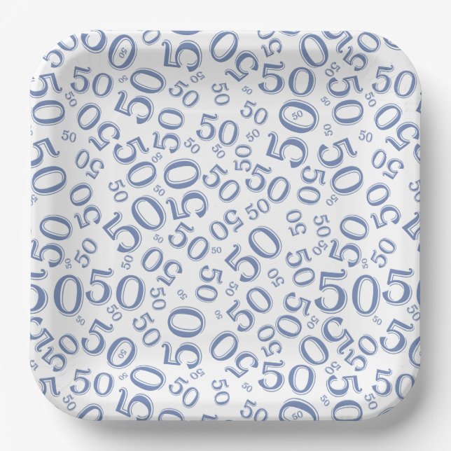 50th Blue/White  Random Number Pattern Paper Plates (Front)