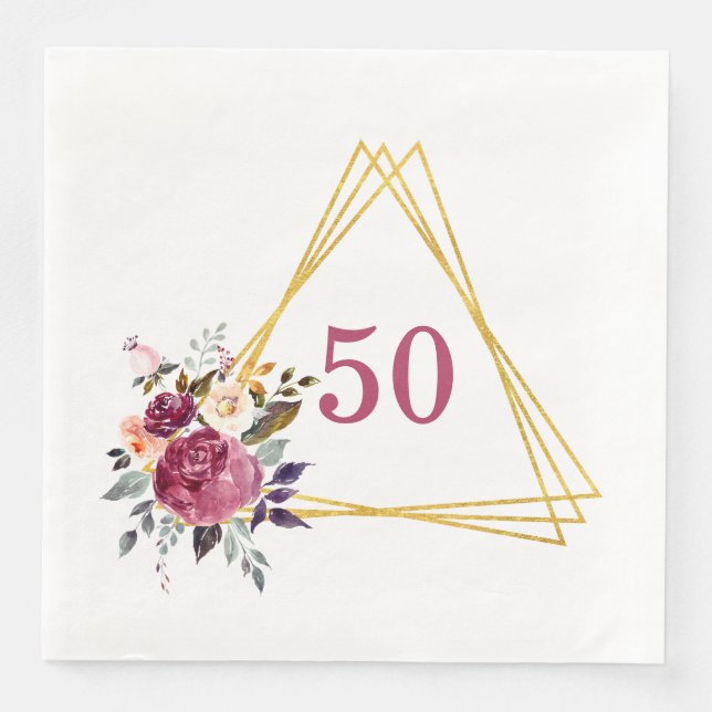 50th Boho Floral Geometric Paper Dinner Napkins (Front)