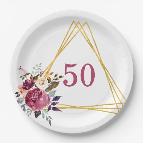 50th Boho Floral Geometric Paper Plates