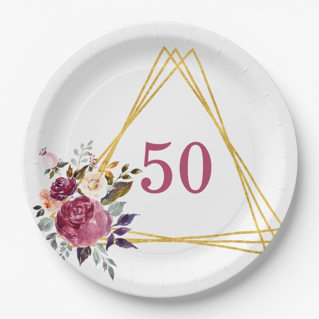 50th Boho Floral Geometric Paper Plates (Front)