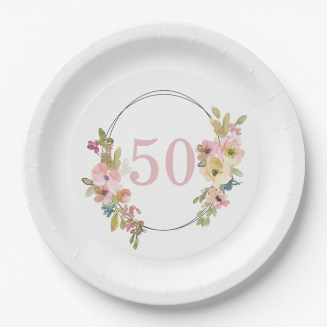50th Boho Floral Watercolor Geometric Paper Plates (Front)