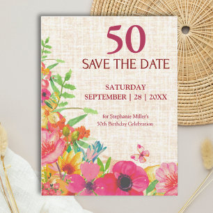 50th Bold Floral Linen Birthday Save the Date Announcement Postcard