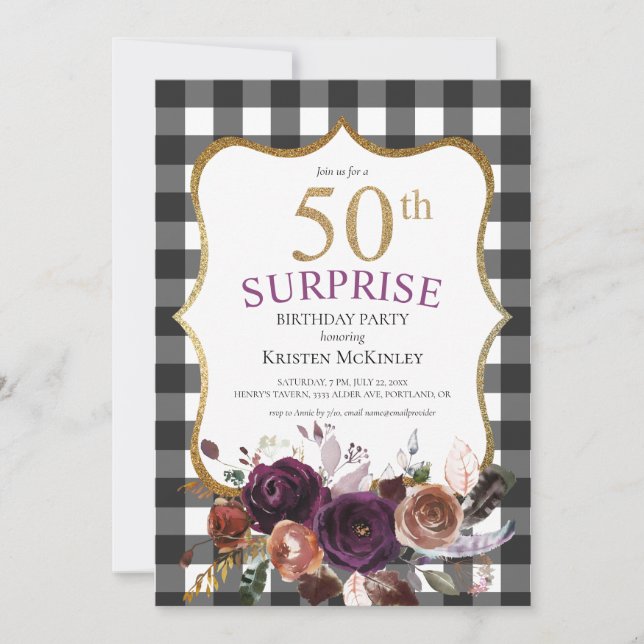 50th Buffalo Plaid Purple Floral Glitter Birthday Invitation (Front)