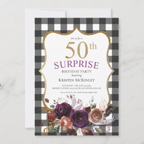 50th Buffalo Plaid Purple Floral Glitter Birthday Invitation
