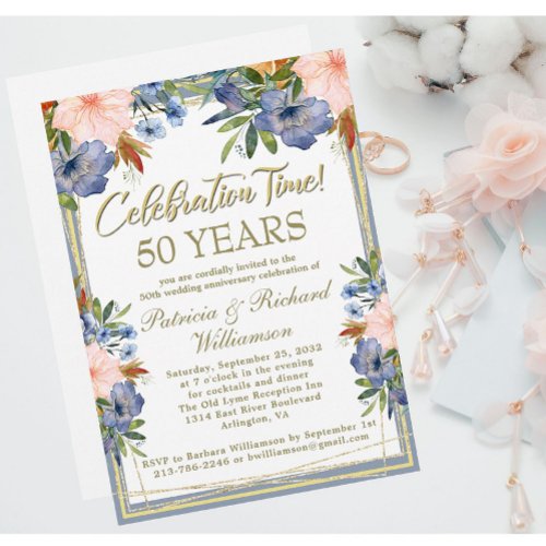 50th Chic Floral Gold Wedding Anniversary Invitation