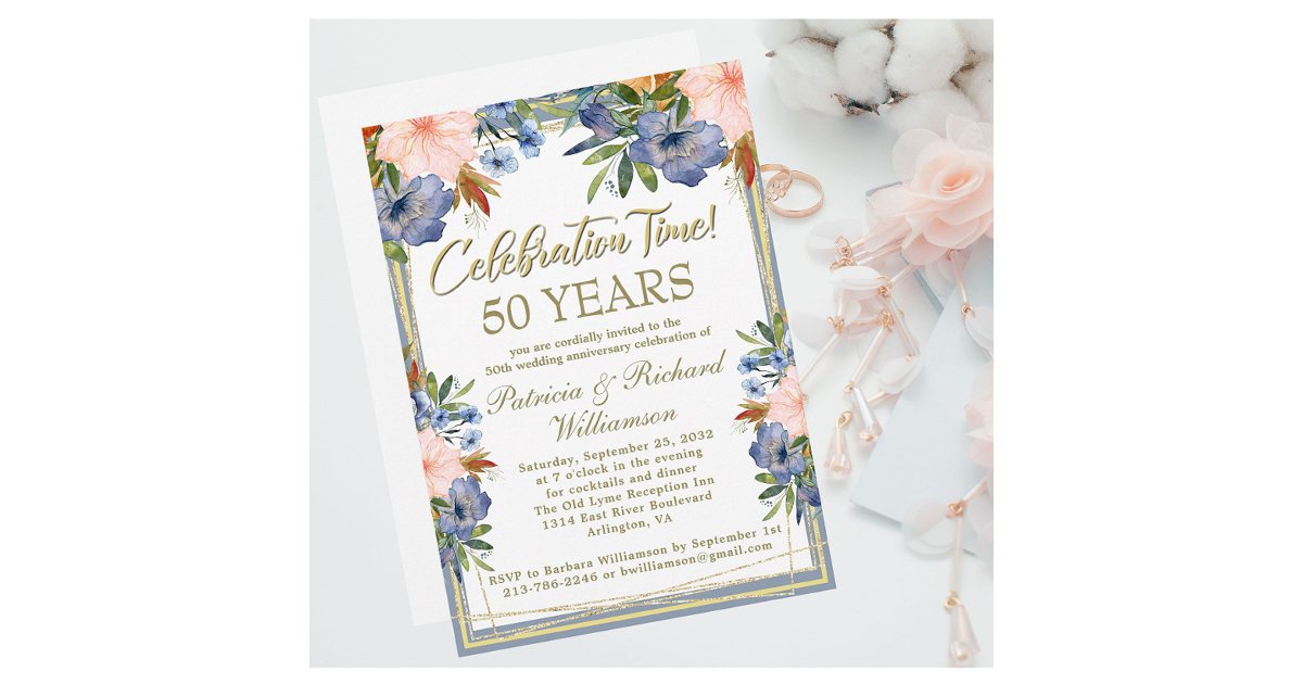 50th Chic Floral Gold Wedding Anniversary Invitation | Zazzle