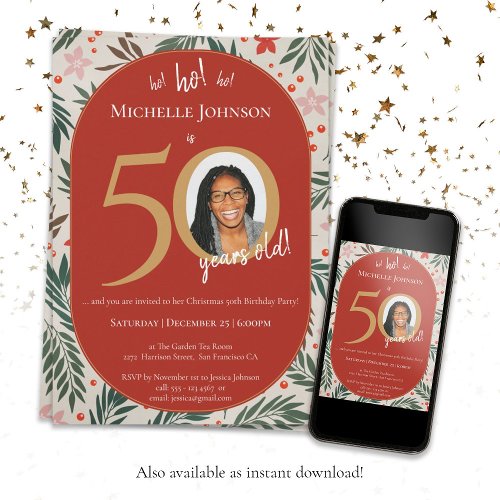 50th Christmas Birthday Red Gold Fun Custom Photo Invitation