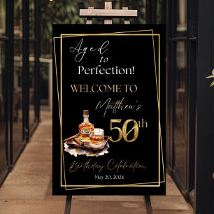 50th Cigar & Whiskey Birthday Welcome Sign, Aged  Foam Board
