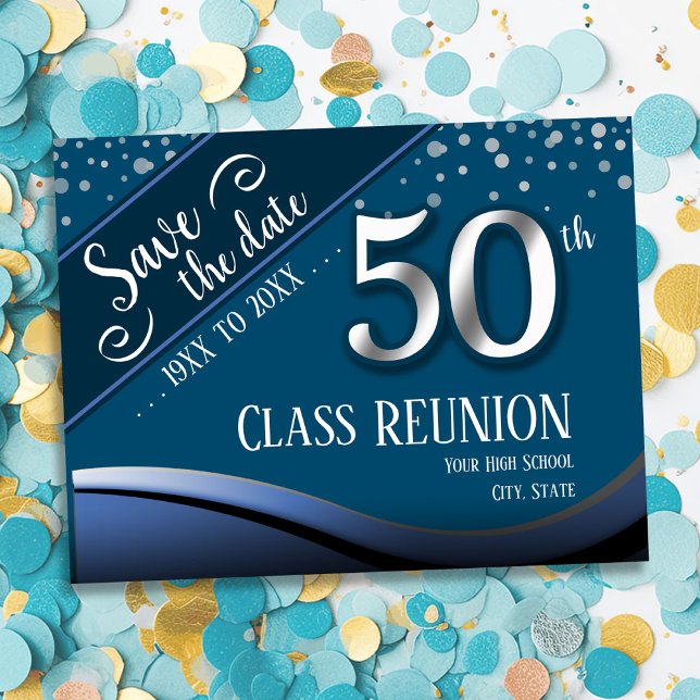 50th Class Reunion Elegant Blue Announcement Postc (Creator Uploaded)
