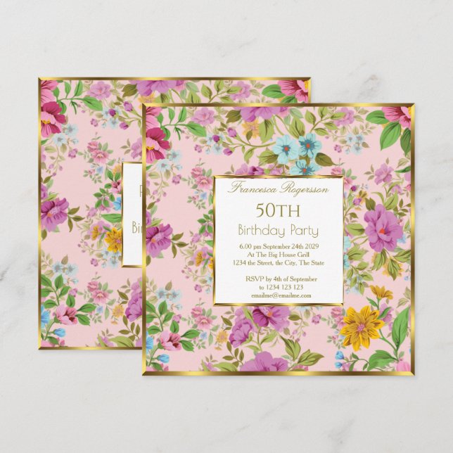 50th Colorful pink Floral Garden Birthday Party  Invitation (Front/Back)