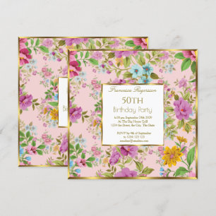 50th Colorful pink Floral Garden Birthday Party  Invitation