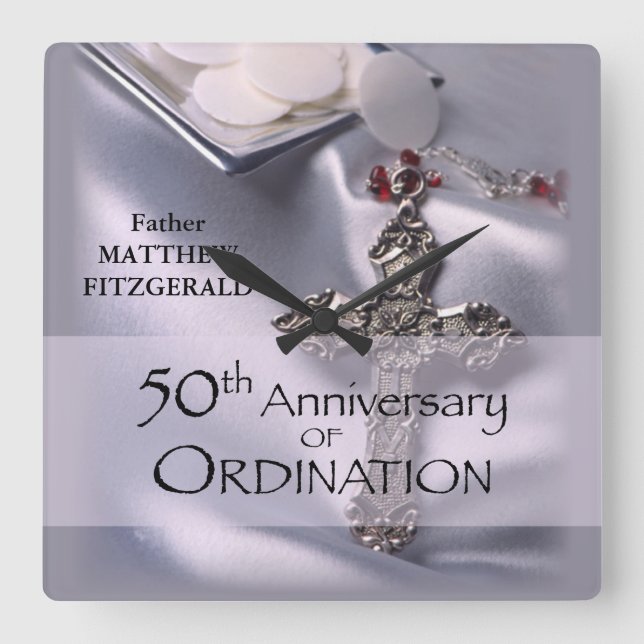 50th Custom Name Ordination Anniversary Chalice Square Wall Clock (Front)