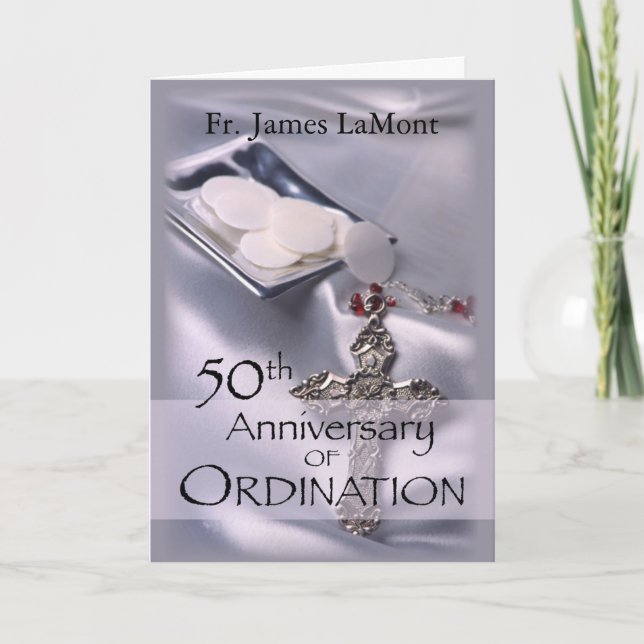 50th Custom Name Ordination Anniversary Silver Cha Card (Front)