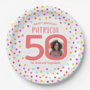 50th custom photo colorful coral confetti birthday paper plates