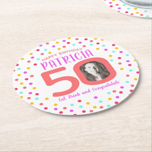 50th custom photo colorful coral confetti birthday round paper coaster