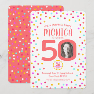 50th custom photo living coral confetti birthday invitation