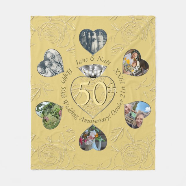 50th Diamond 6 Heart Photos Fleece Blanket (Front)