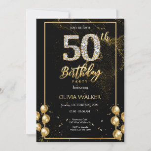 50th Diamond Black and Gold Birthday Invitation
